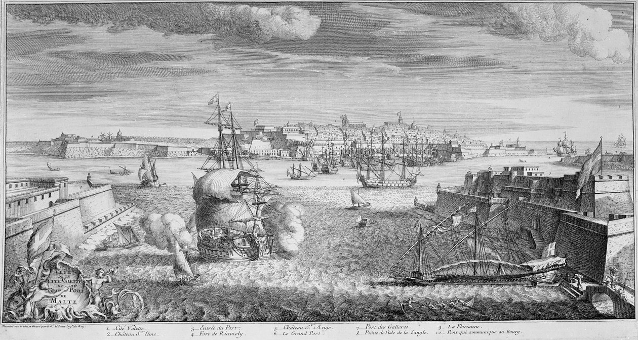 Valletta şehrinin görünümü, Malta Limanı, c.1736 (gravür) by French School