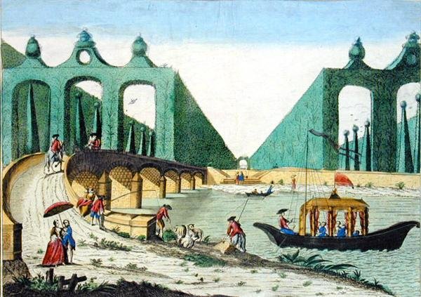 Londra yakınlarındaki Thames Nehri üzerindeki bir köprüye doğru Lord Hamilton Bahçeleri