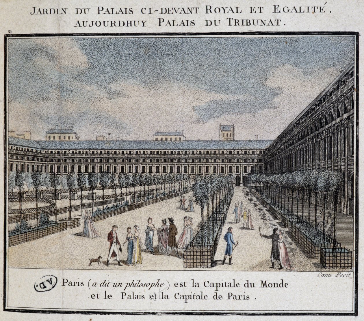 Bahçe ve yürüyüşçüler ile Kraliyet Sarayı'nın (Palais du Tribunat) görünümü by French School