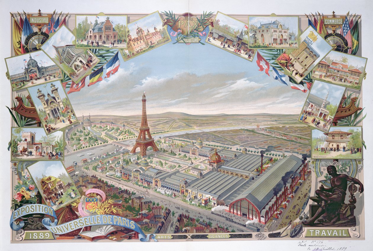 Farklı pavyonlar ve Eyfel Kulesi ile Evrensel Serginin görünümü, 1889 by French School