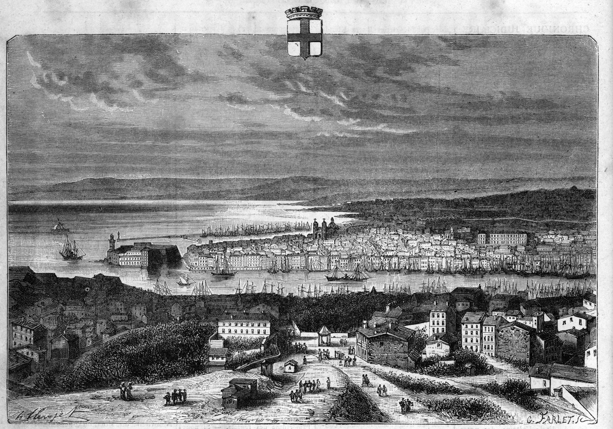 Marsilya şehir ve liman manzarası. “La republique illustree” özel koleksiyonunda 1880 yılına ait gravür. by French School