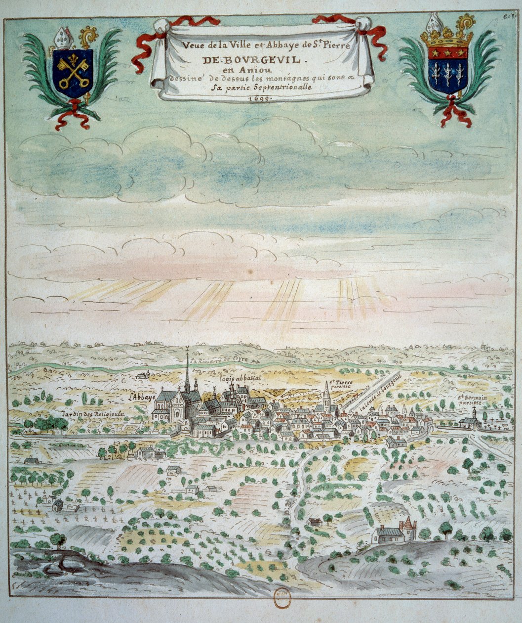 Fransız okulundan şehir ve Saint Pierre de Bourgueil Suluboya manastırının görünümü. 1699 Paris, B.N. by French School