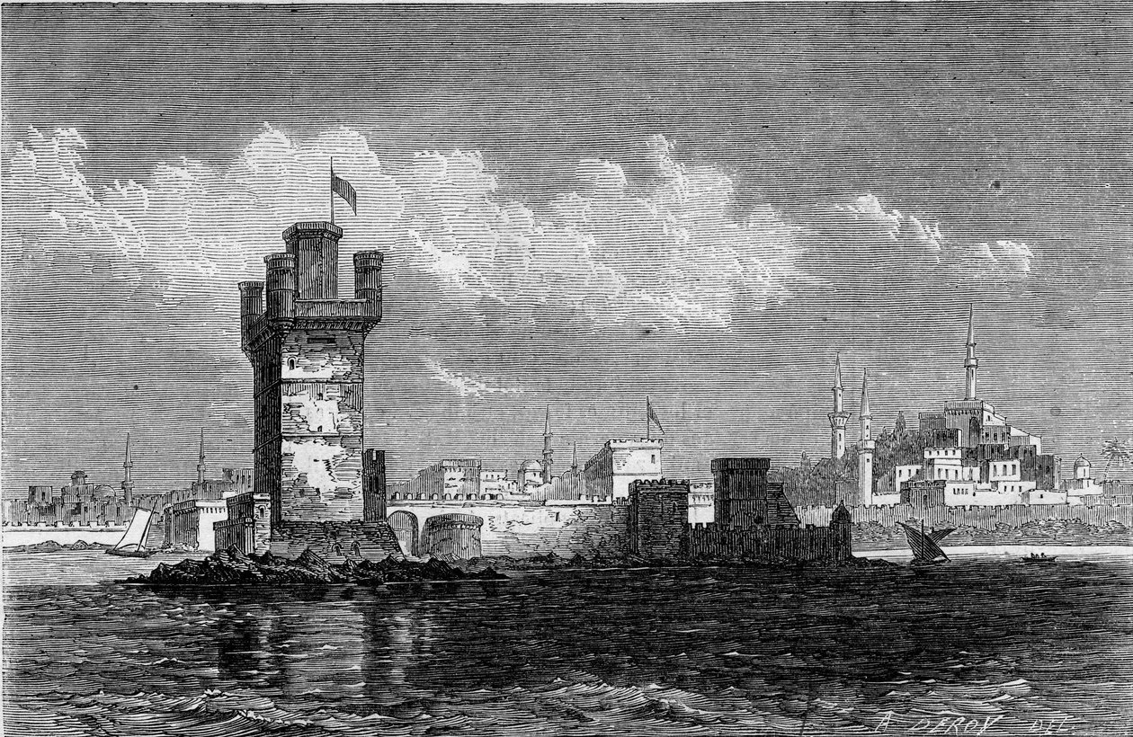 Rodos (Yunanistan) şehrinin görünümü, kare kule Saint Michel (Saint Michel), 1863