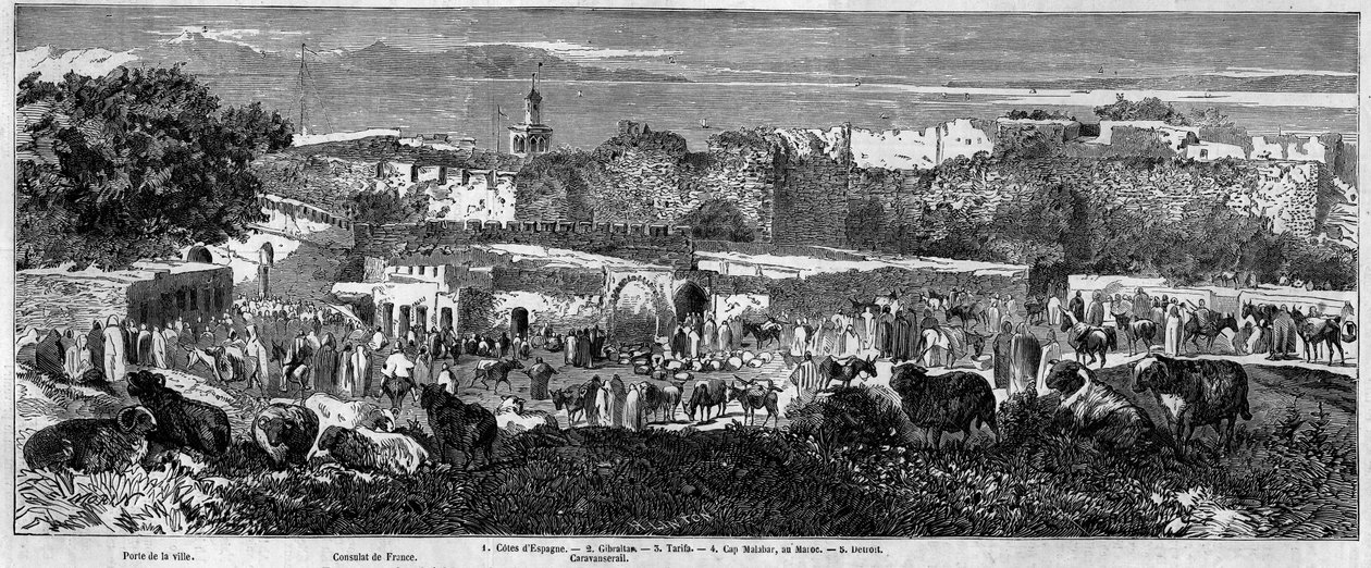 Arap yürüyüşü gününde Tangier (Fas) şehrinin görünümü. 1 Ekim 1859 tarihli “Le Monde Illustré” n°129