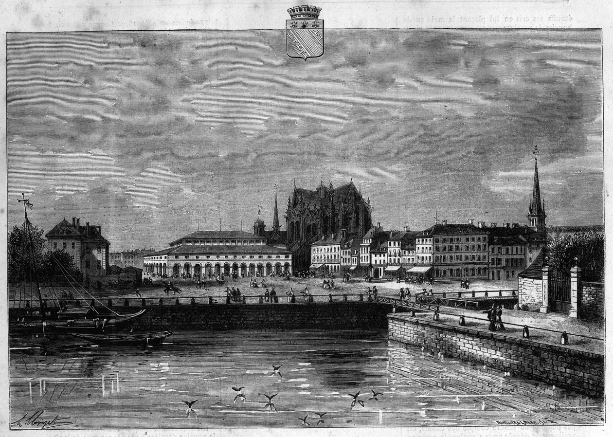 Şafakta Troyes şehrinin görünümü. “La republique illustree” özel koleksiyonunda 1880 yılına ait gravür. by French School