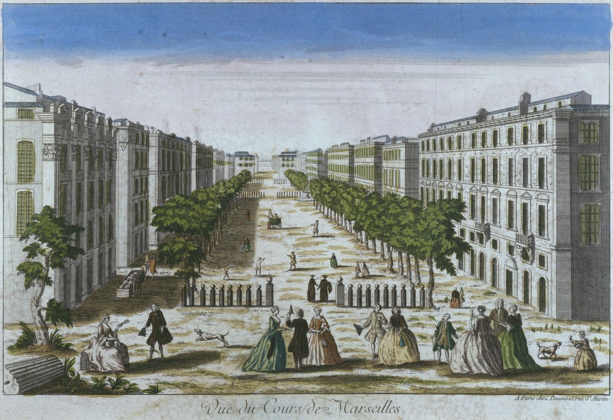 Kursun görünümü, Marsilya, Fransa (renkli gravür) by French School