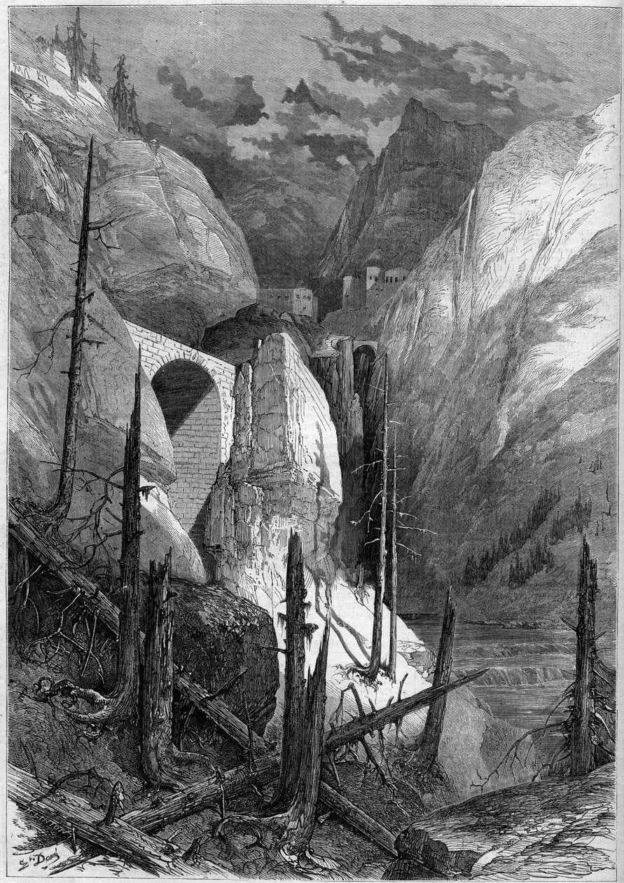 Kirliliğin ve Finstermunz kalesinin görünümü (1471). Tirol, İsviçre by French School