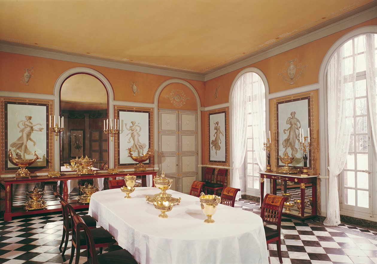 Louis Lafitte (1770-1828) tarafından Pompei tarzı fresklerle yemek odasının görünümü by French School