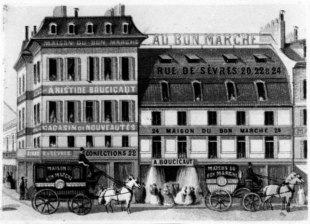 Bon Marché Mağazalarının dış görünümü, rue de Sèvres, Paris, c.1869 by French School
