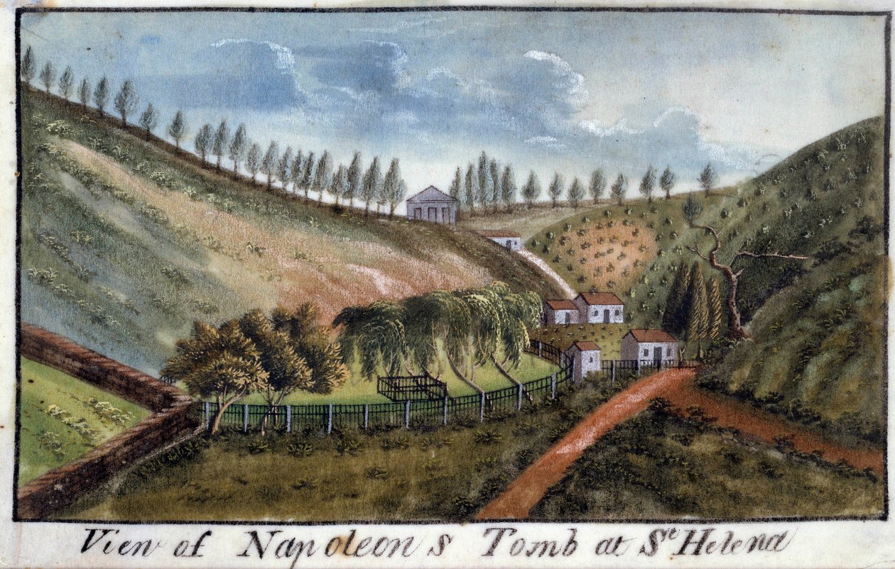 İmparator Napolyon I (1769-1821) mezarı ile Saint Helene adasının görünümü 1821 civarında suluboya. Ile d