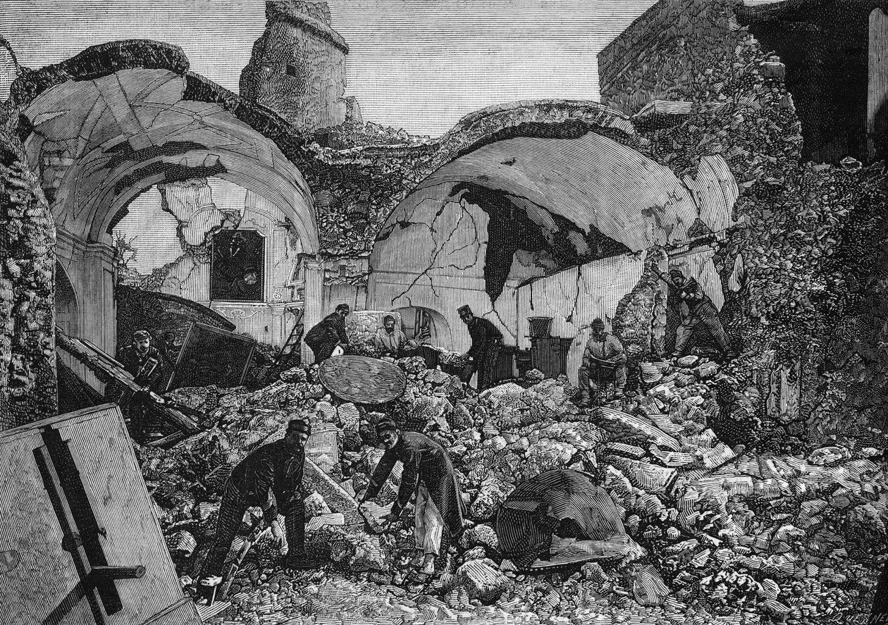 Ischia adasında (İtalya) 1881 depremi sırasında yıkılan Chiese del Purgatorio kalıntılarının görünümü. Quesnel