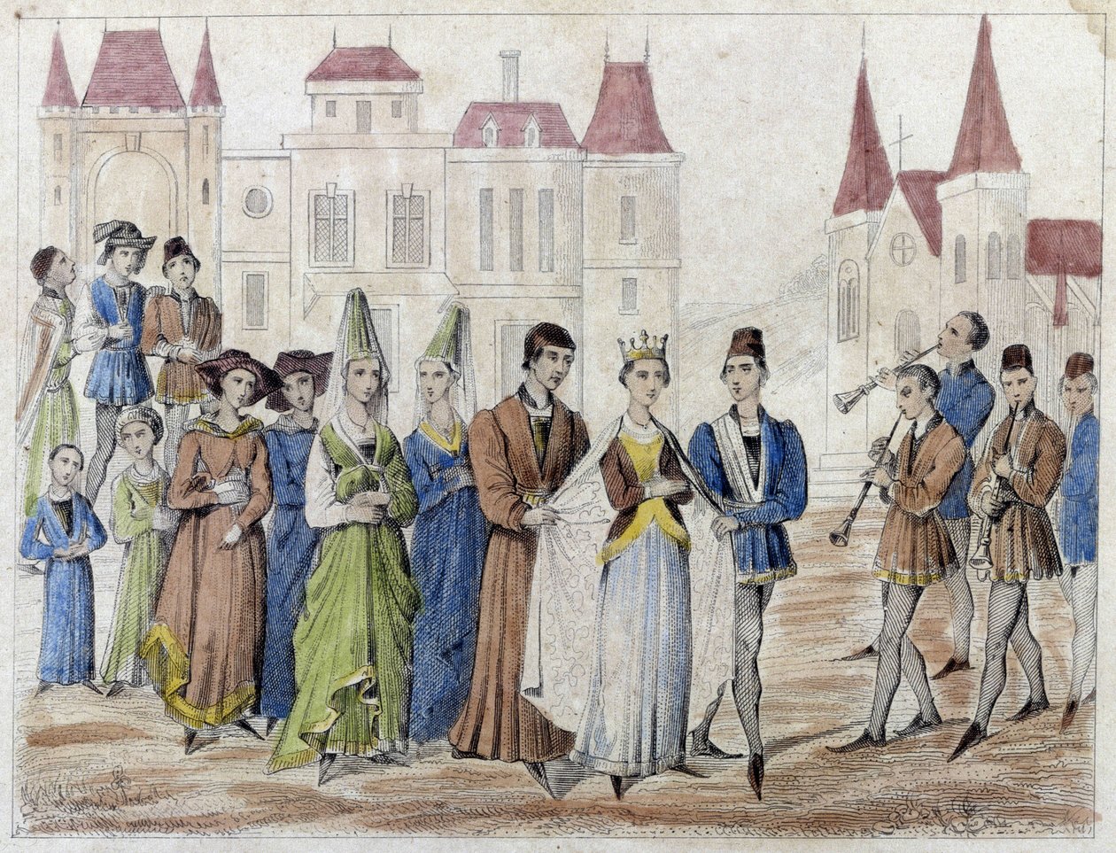 Charles V yönetiminde köy düğünü - 19. yüzyıl gravürü. by French School