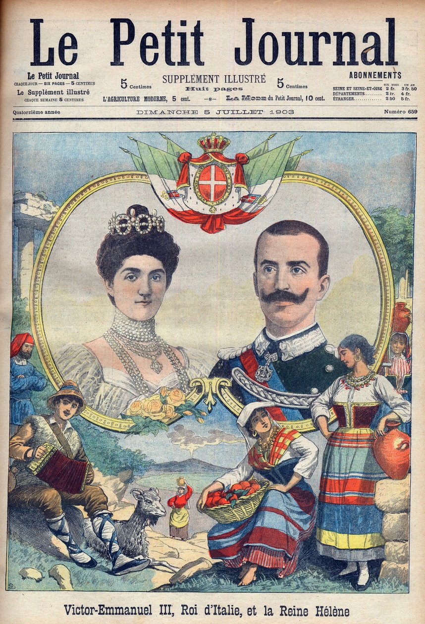 Vittorio Emanuele III di Savoia ve Elena di Savoia - Kral Victor Emmanuel III ve İtalya Kraliçesi Elena. Victor Emmanuel III, İtalya Kralı ve Kraliçe Helene. Le petit Journal için illüstrasyon, 5 Temmuz 1903. by French School