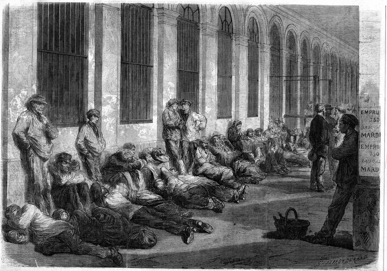 1870 Savaşı: Savaşı finanse etmek için ulusal krediye abone olmak için Maliye Bakanlığı önünde sıraya giren Parisliler. Pencerelerin açılmasından önceki günü gösteren sahne by French School