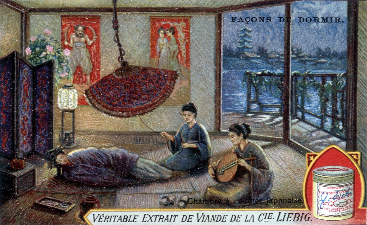 Uyumanın yolları: Japon yatak odası. Liebig ambalaj kromolitografisi. by French School