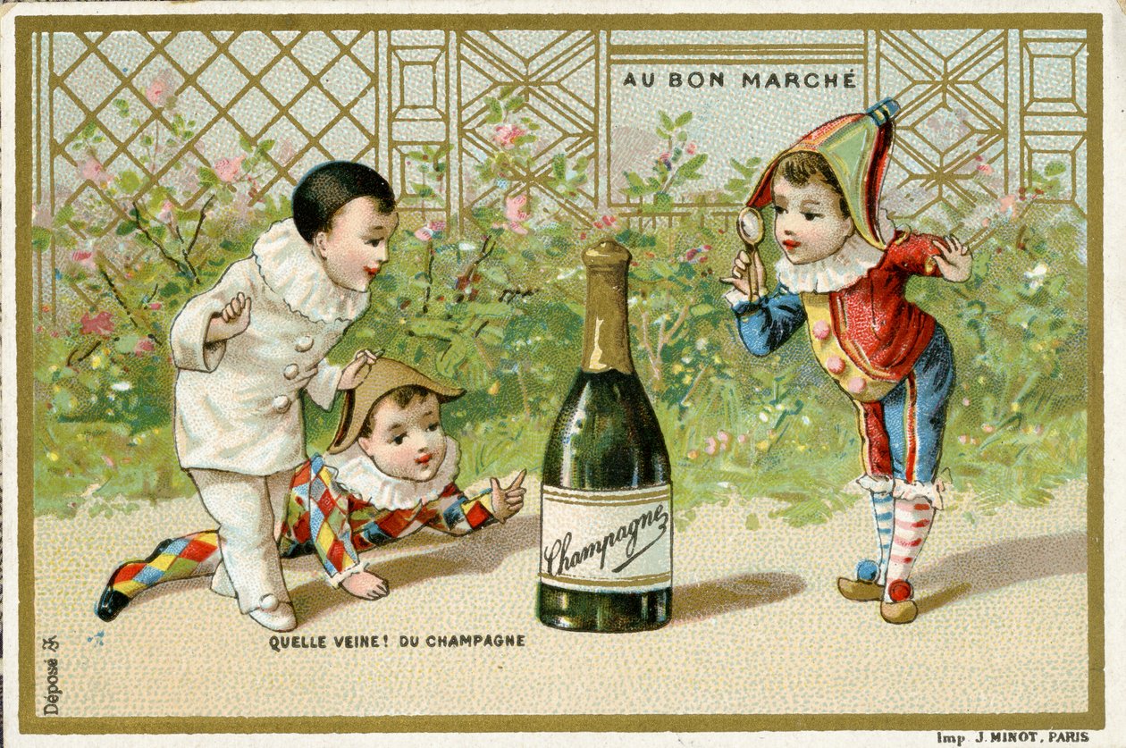 Ne şans! Bir Şişe Şampanya, Paris Büyük Mağazası Au Bon Marché için promosyon kartı, c.1895 (ayrıca bkz. 488428) by French School