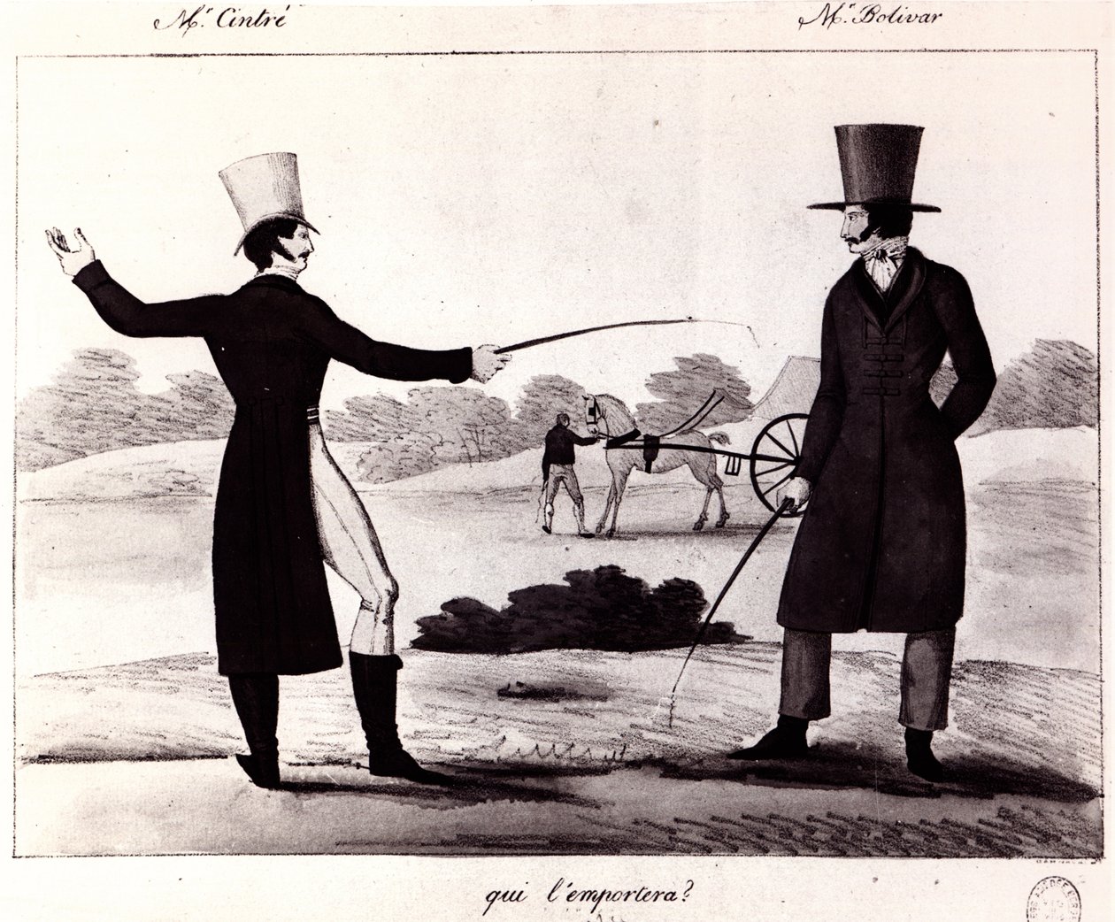 Kim kazanacak? M. Cintre ve M. Bolivar arasındaki düello sahnesi, 1820 dolayları by French School