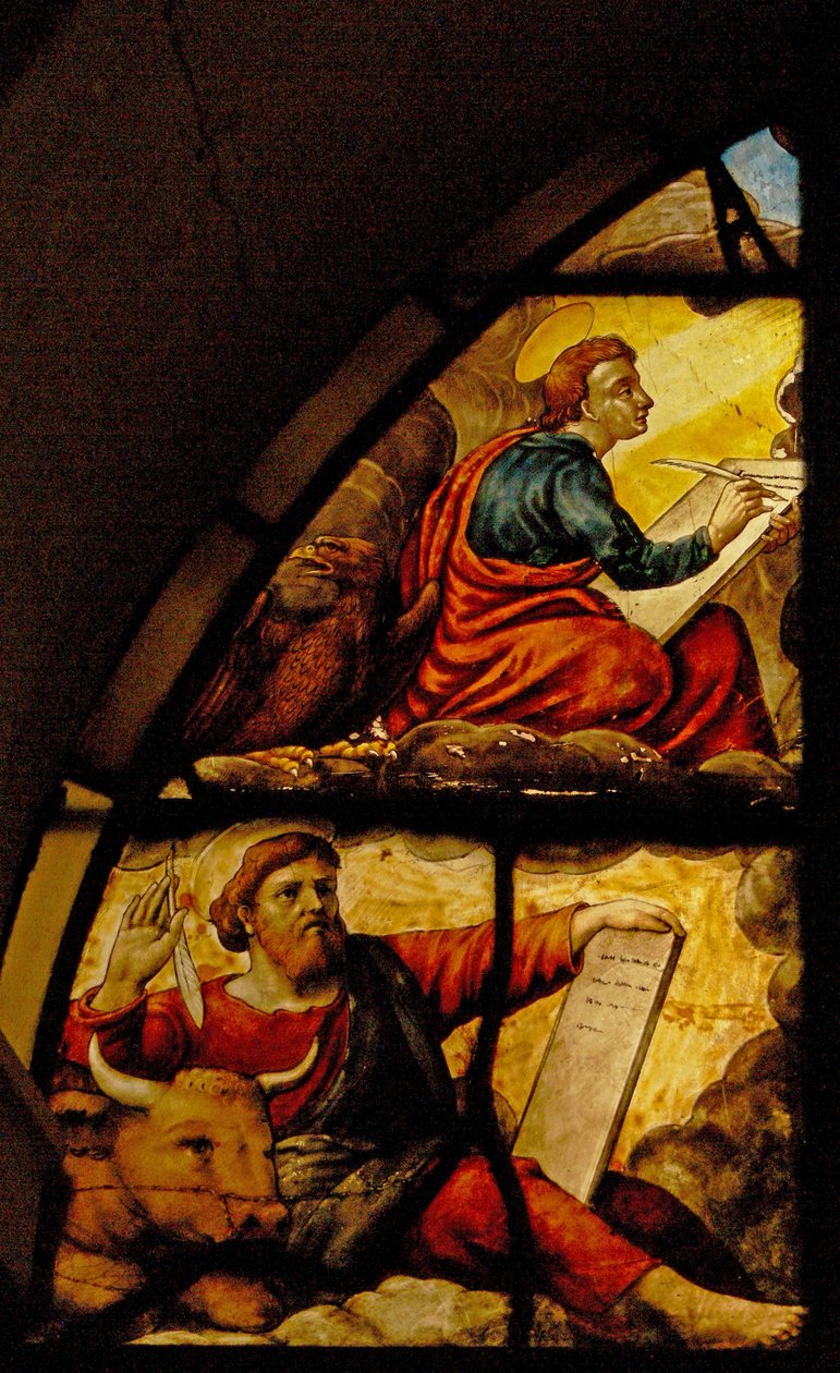 Evanjelistleri Ev Sahibinin Mucizesi ile betimleyen Pencere Charnier-2: St Luke ve St John by French School