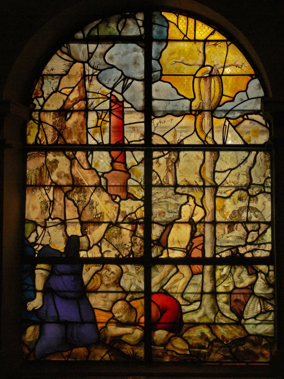 Musa ve küstah yılanı tasvir eden Pencere Charnier-5 by French School