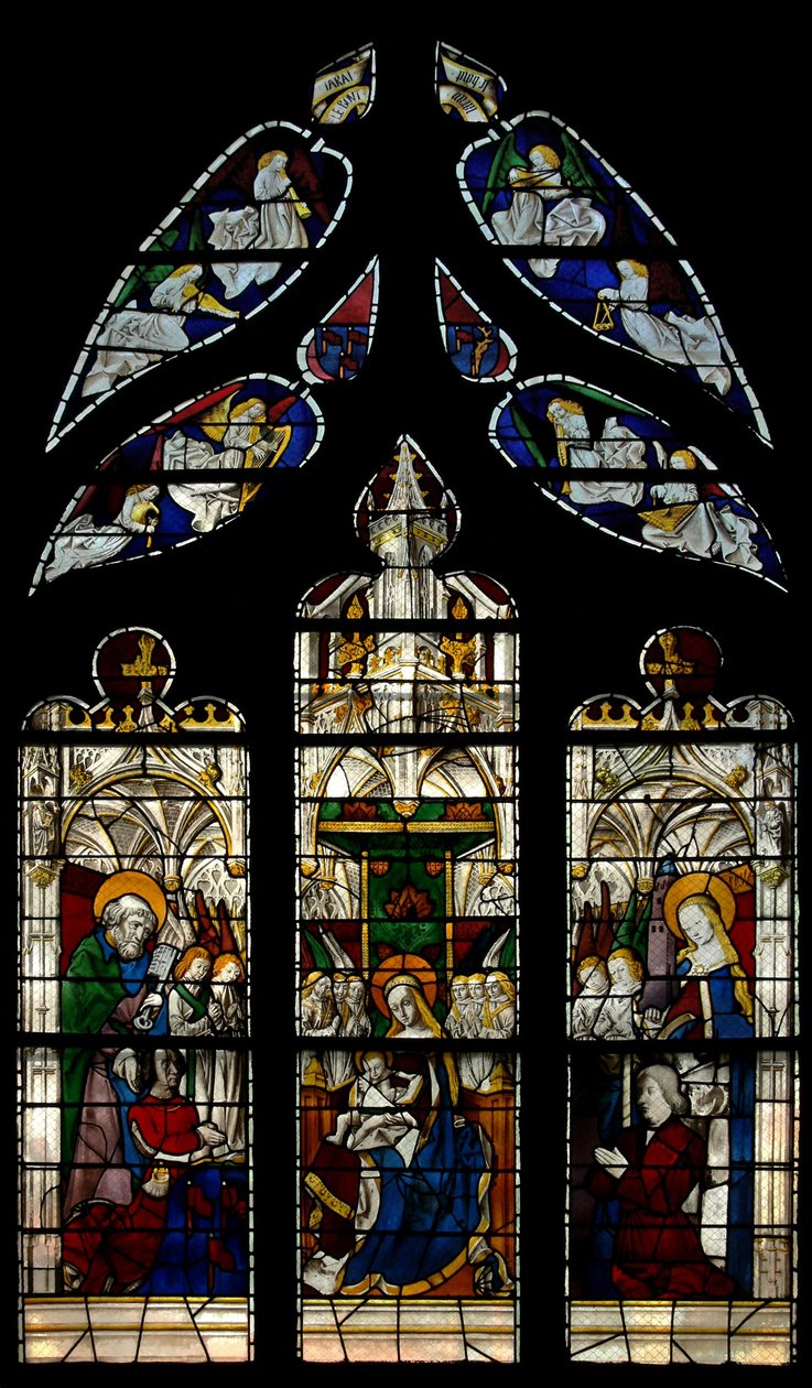 Enthroned Bakire ve Çocuğu tasvir eden Pencere E3: ayrıca koruyucu azizleriyle birlikte bağışçılar (Aziz Petrus ve Aziz Barbara) by French School
