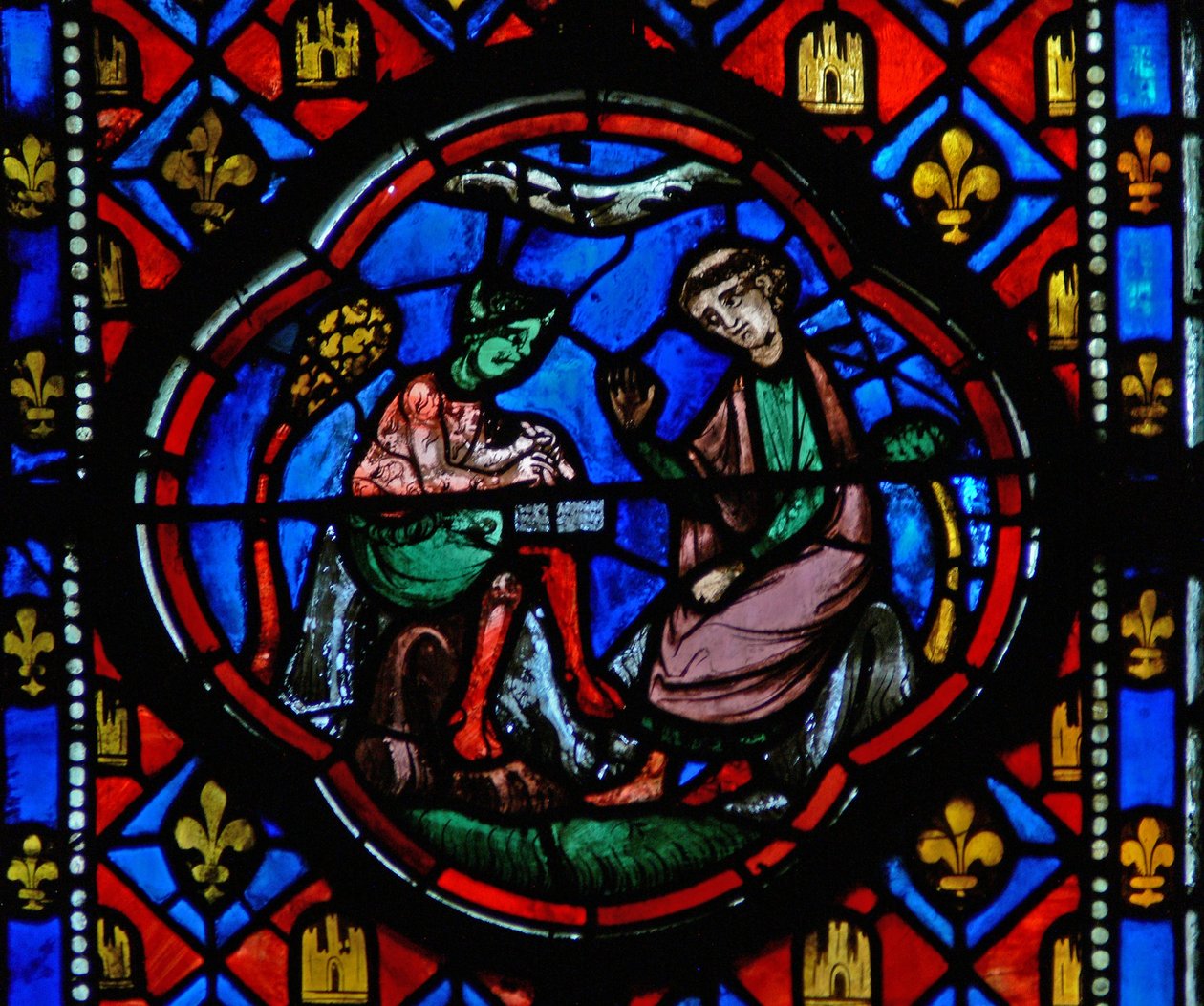 Theophilus hikayesinden bir sahneyi gösteren Window Ew-R: şeytanla bir anlaşma imzalar by French School