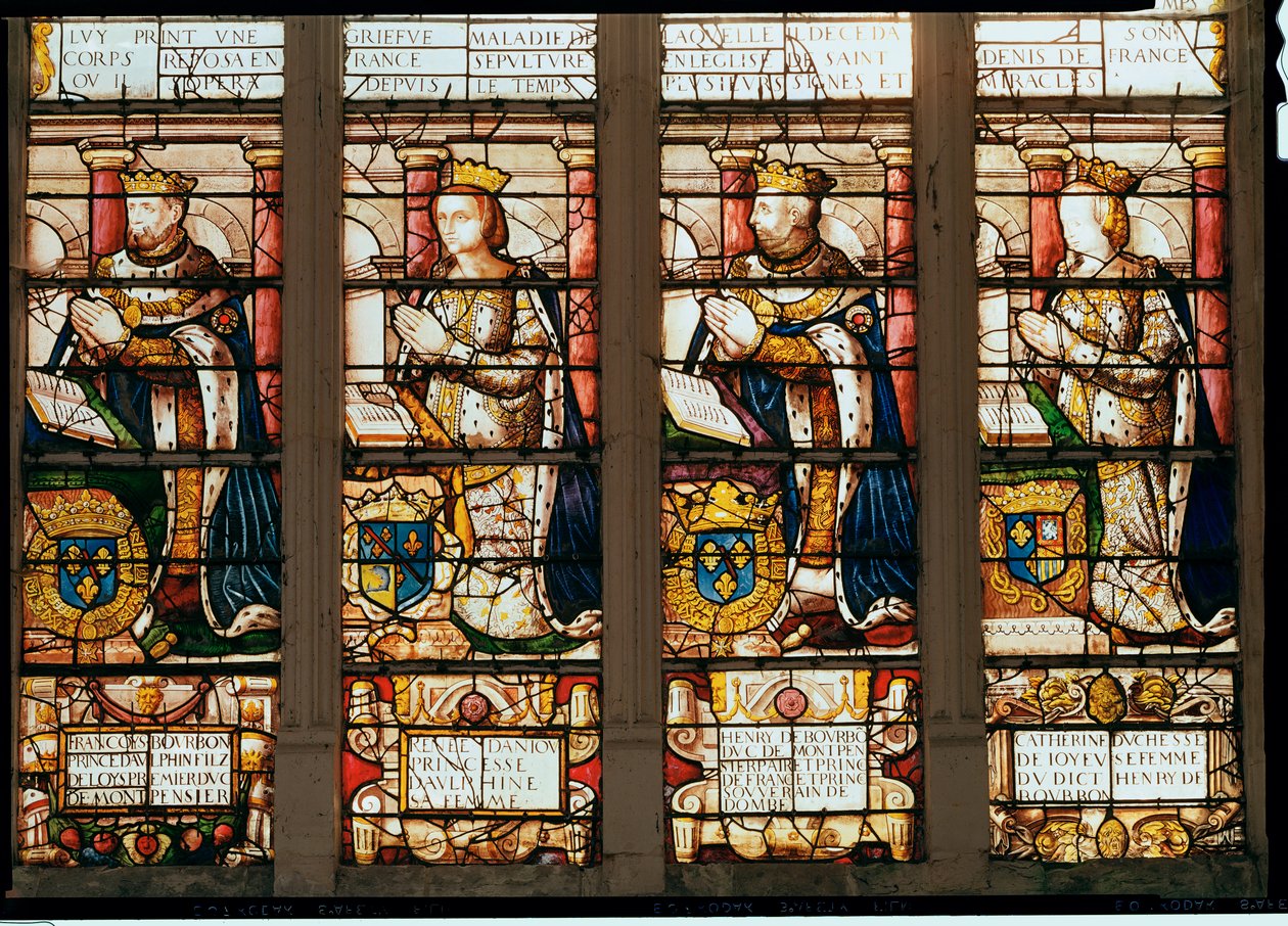 Francois de Bourbon'u (1539-92) Prens Dauphin, Rene dAnjou (1550-74) Montpensier Düşesi, Henri de Bourbon (1573-1608) Duc de Montpensier ve Catherine de Joyeuse, Guis Düşesi'ni gösteren pencere by French School
