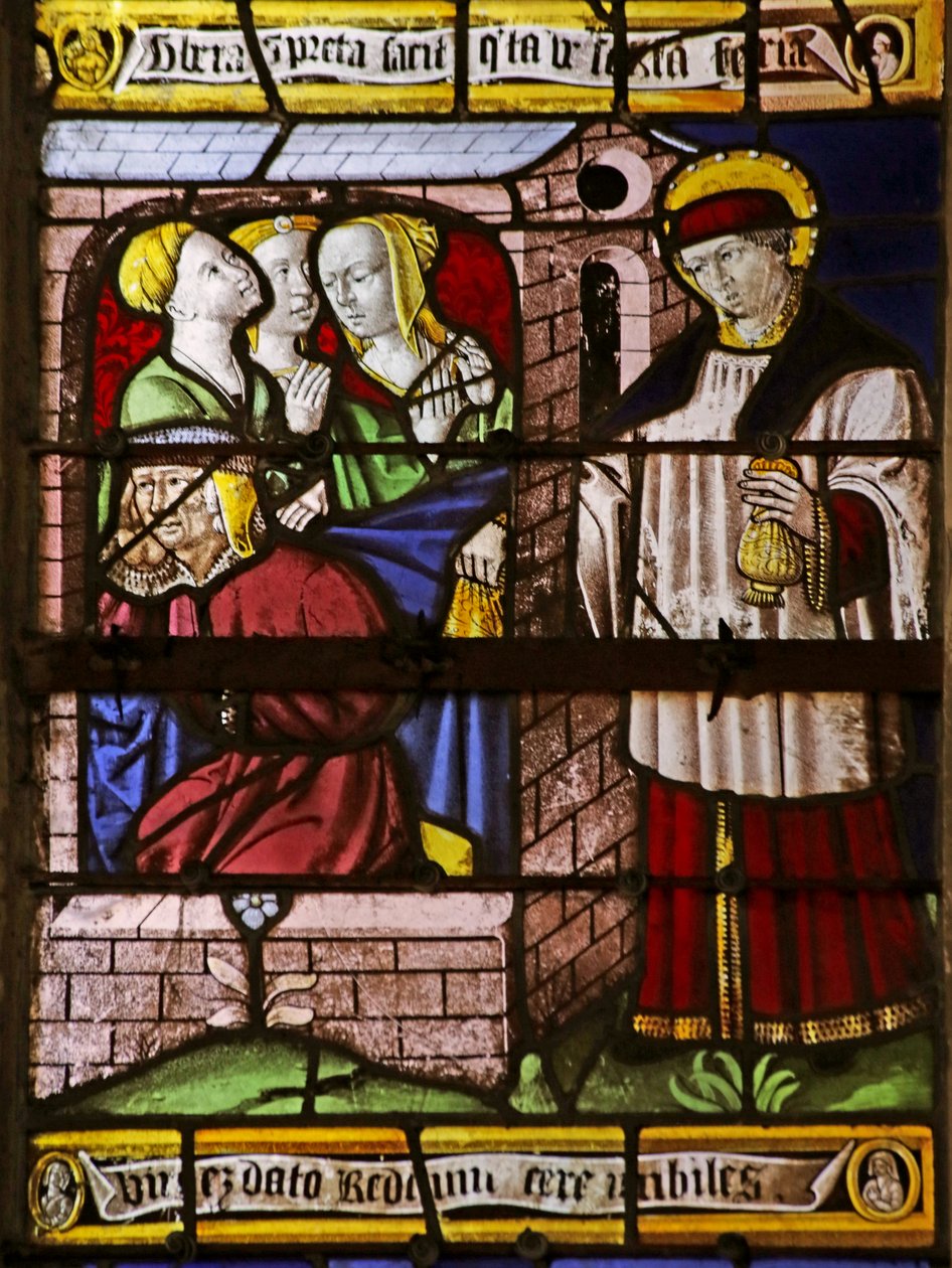 Saint Nicholas'ın üç kız babasına fahişelik yapmamaları için para bıraktığını gösteren pencere (vitray) by French School