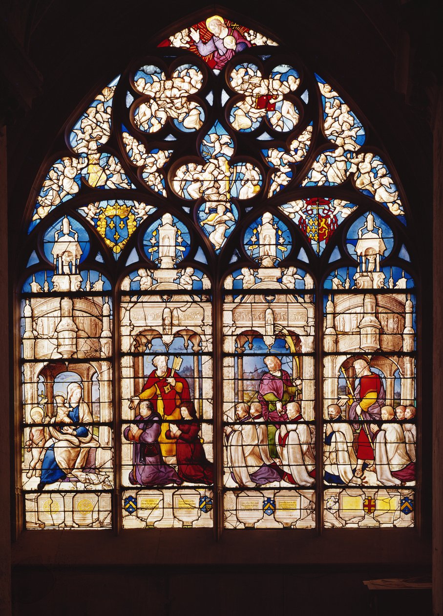 Bakire ve Çocuğu Vaftizci Yahya ile betimleyen pencere, St. Peter Pierre Tullier ve karısını sunarken, St. John Jehan, Francois ve Pierre Tullier