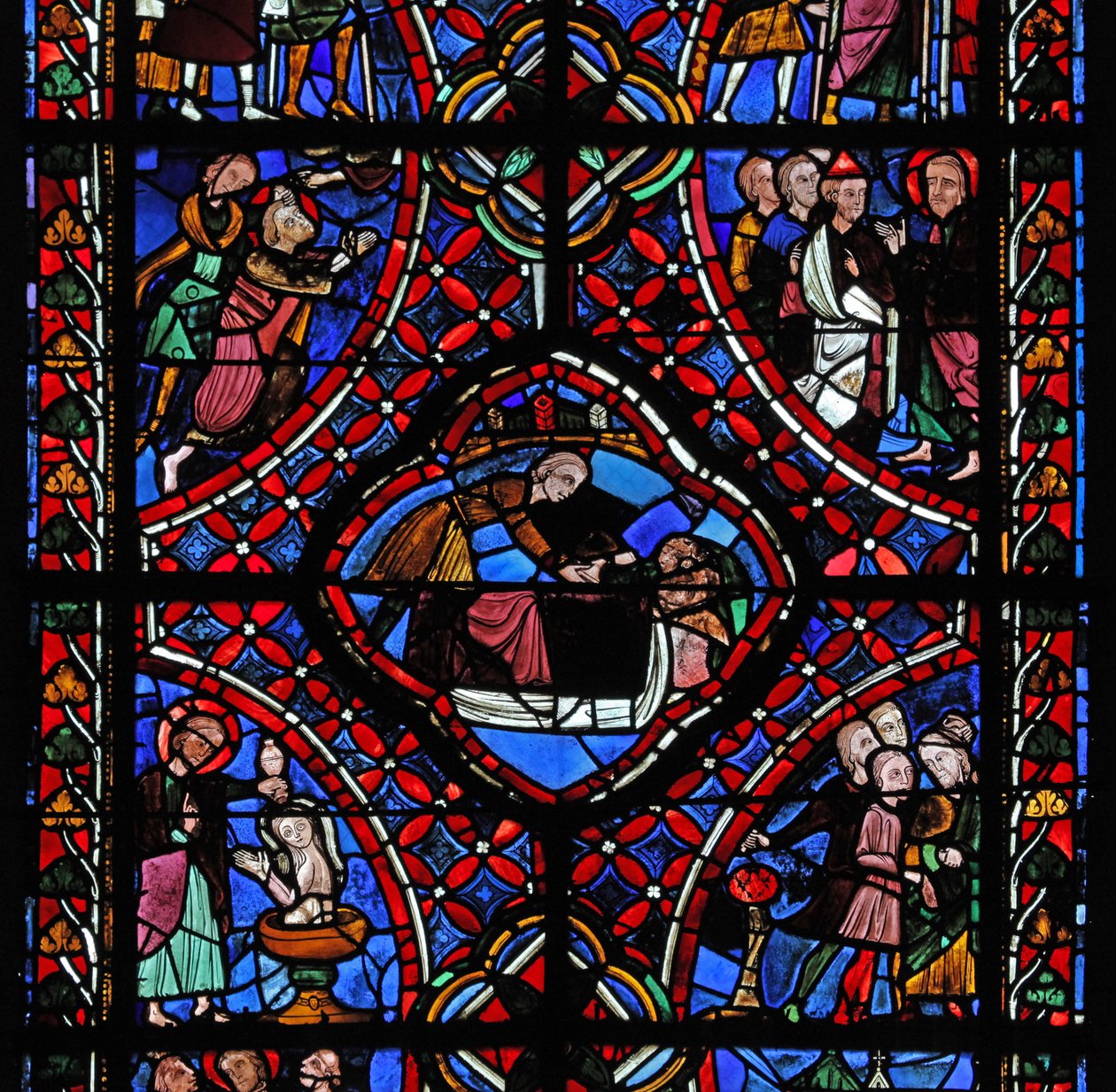 St James penceresinin üçüncü bölümünü gösteren pencere, w5: tüm sahneler tanımlanmamıştır, ancak bir vaftiz ve muhtemelen azizin şehadetini görebiliriz. by French School
