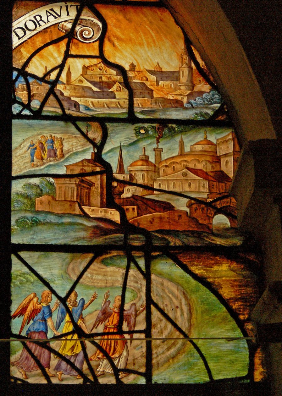 Charnier'de (w.13) iki sahneyi gösteren pencere: Domuzun öldürülmesi: İbrahim'in 3 melek tarafından ziyaret edilmesi (vitray) by French School