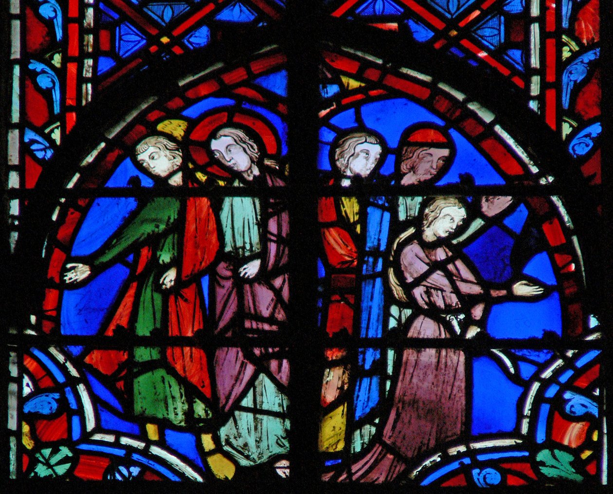 Pencere w11 Tobias ve melek (L); Sarah ve ailesi (R) - Tob VII 12 by French School