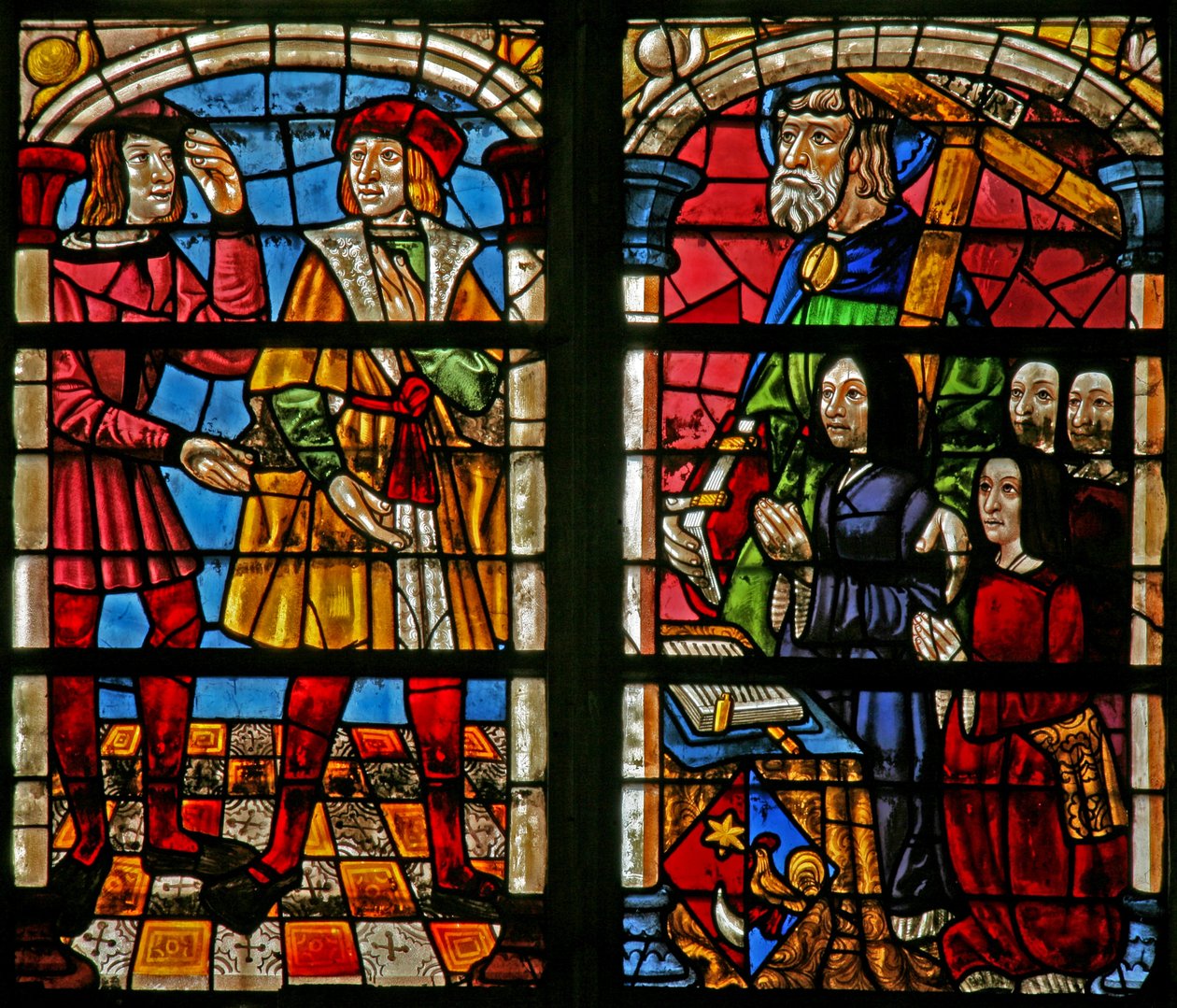 Prodigal Son hikayesinden bir sahneyi gösteren w232 penceresi: ağabeyin öfkesi; bağışçı karısı, kızları, St Simon by French School