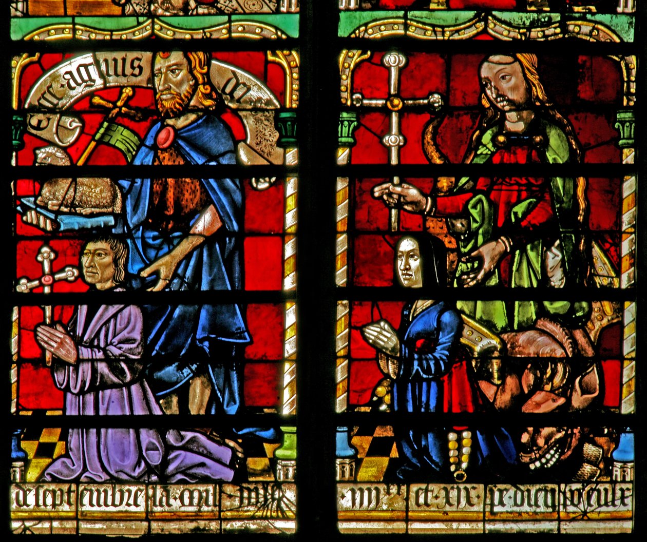 Bir bağışçıyı gösteren w236 penceresi - Jean Corart ve eşi St John Baptist ve St Catherine ile by French School