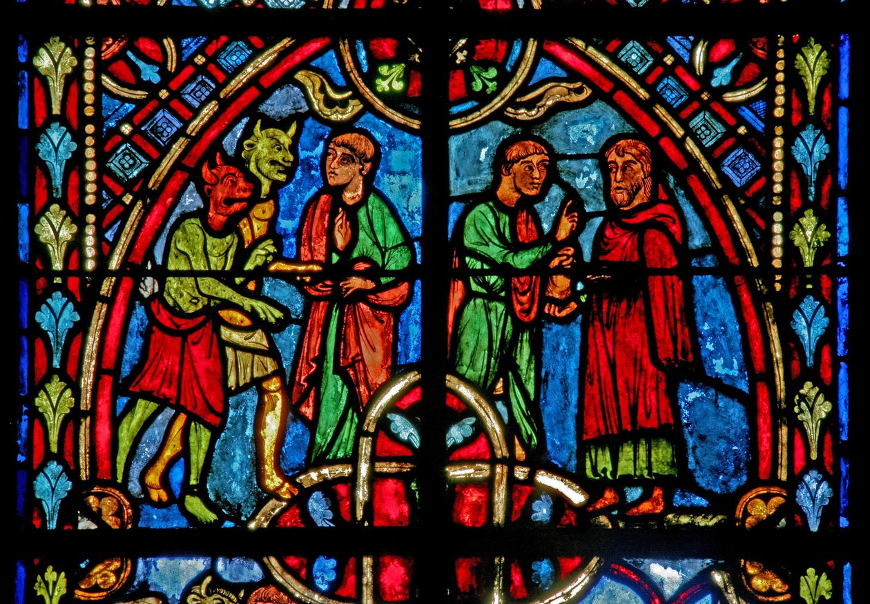 Theophilus hikayesinden bir sahneyi gösteren w2 penceresi (modern) by French School