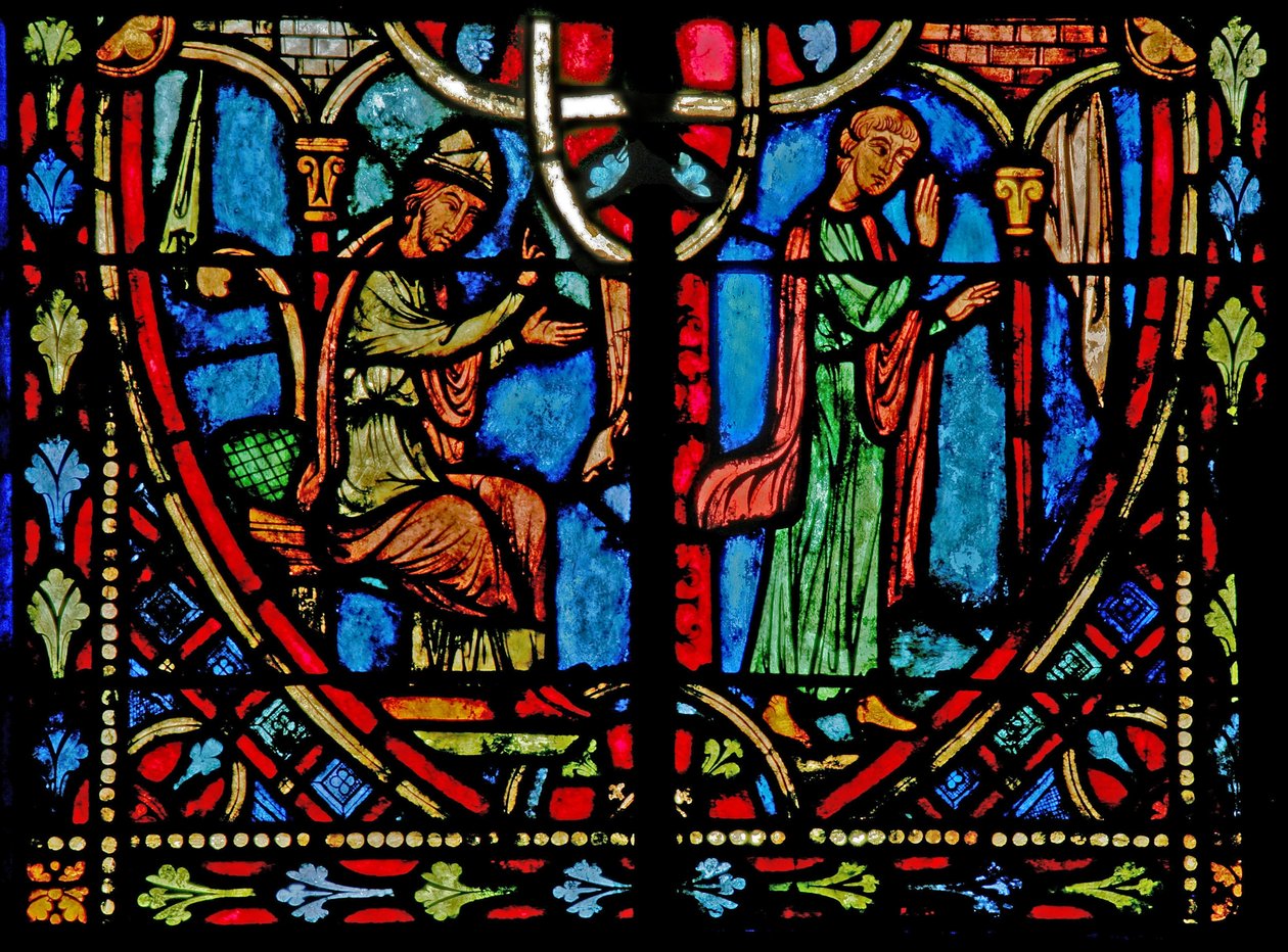 Theophilus hikayesinden bir sahneyi gösteren w2 penceresi (modern) by French School