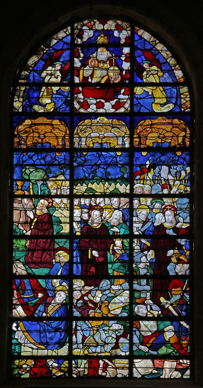 Tutku sahnelerini gösteren w31 penceresi: Gethsemene ve Diriliş by French School