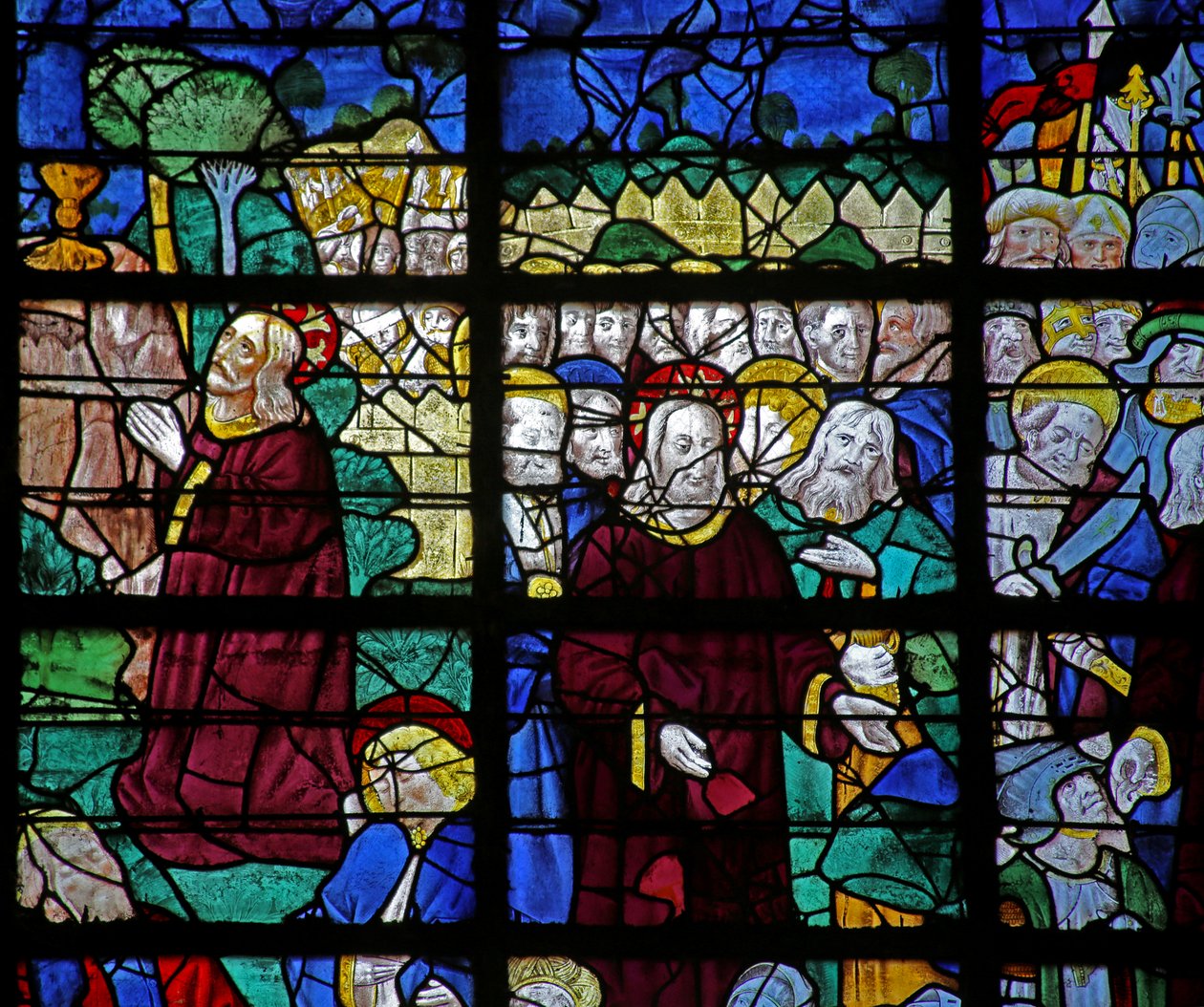 Tutku sahnelerini gösteren w31 penceresi: Gethsemene ve Diriliş by French School
