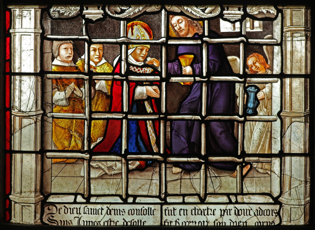 St Denis'in hayatından bir sahneyi gösteren w31 penceresi: Hapishanede İsa'dan Komünyon alır by French School