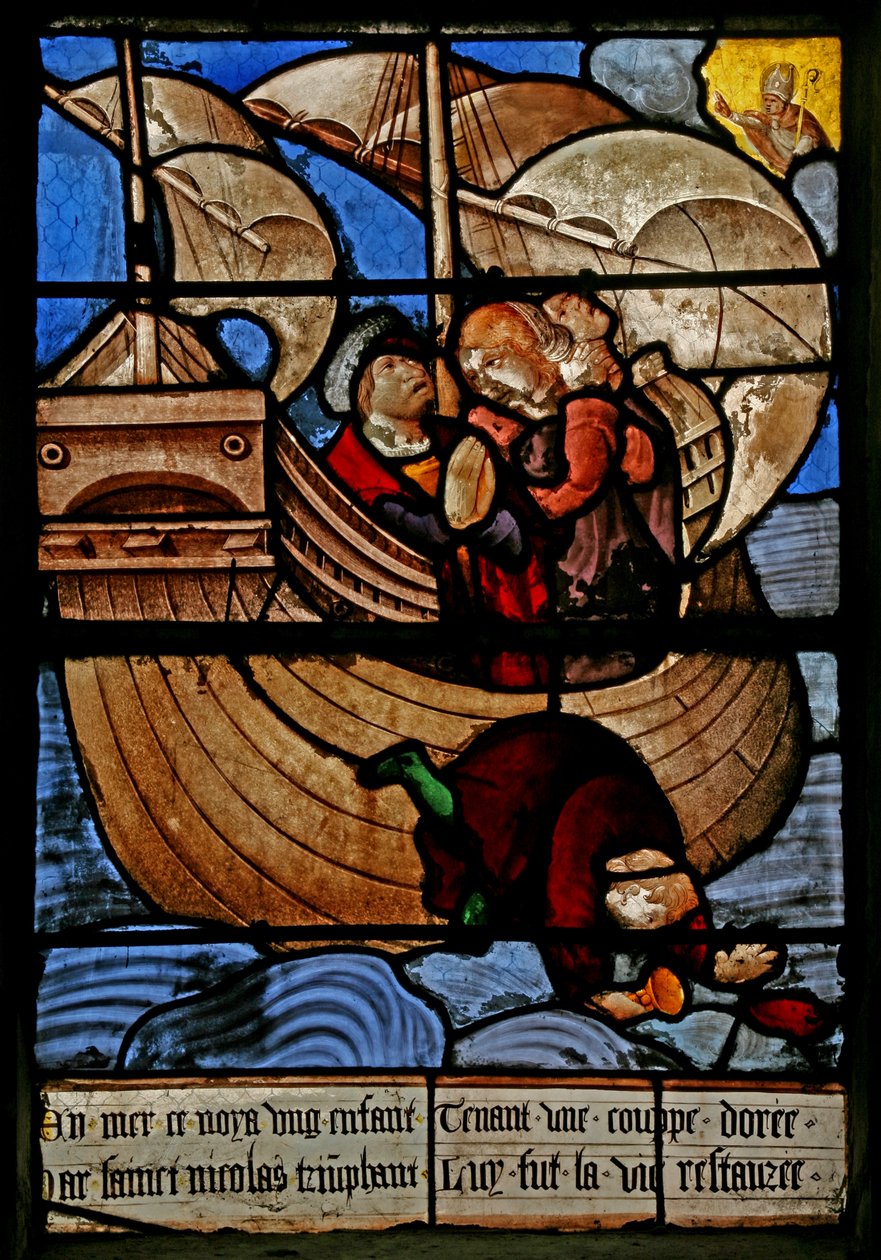 St Nicholas efsanesinden bir sahneyi gösteren pencere w3: çocuğun ve kupanın mucizesi: bir çocuk denize düşer ve altın kupasını kaybeder by French School