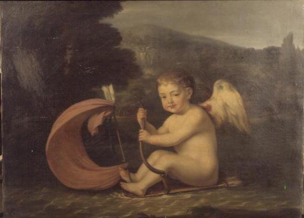 Kanatlı Aşk Tanrısı, gövdesi ve ok direği olan bir teknede yelken açıyor, c.1800 by French School