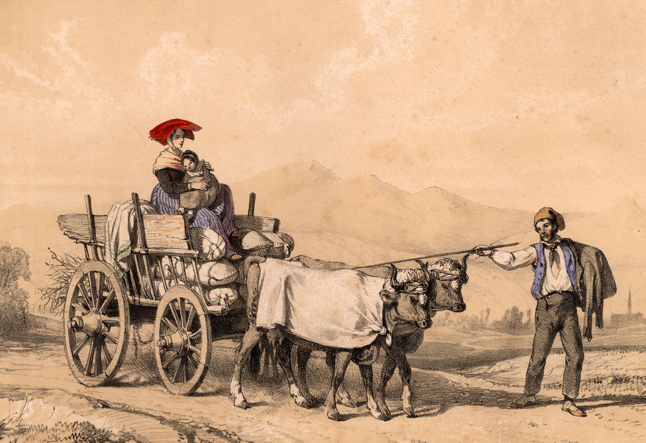 Çuvallarla dolu bir arabaya binen geleneksel giysili kadın ve çocuk, 1840 dolayları by French School