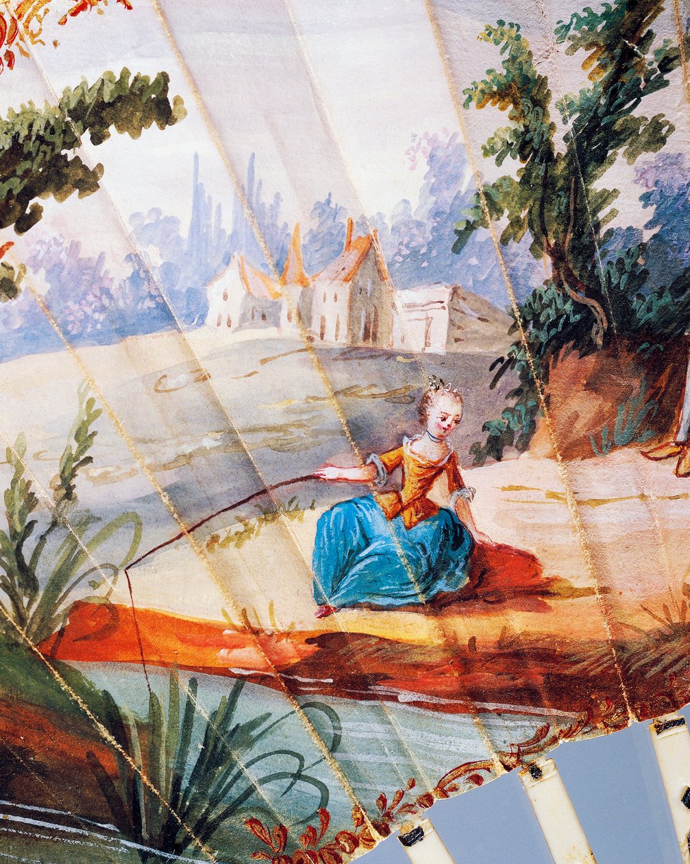 Nehirde balık tutan kadın, pastoral sahne ile boyanmış çift yapraklı el yelpazesi, fildişi ve gümüş kaburgalar, ca 1760, ön, Fransa by French School