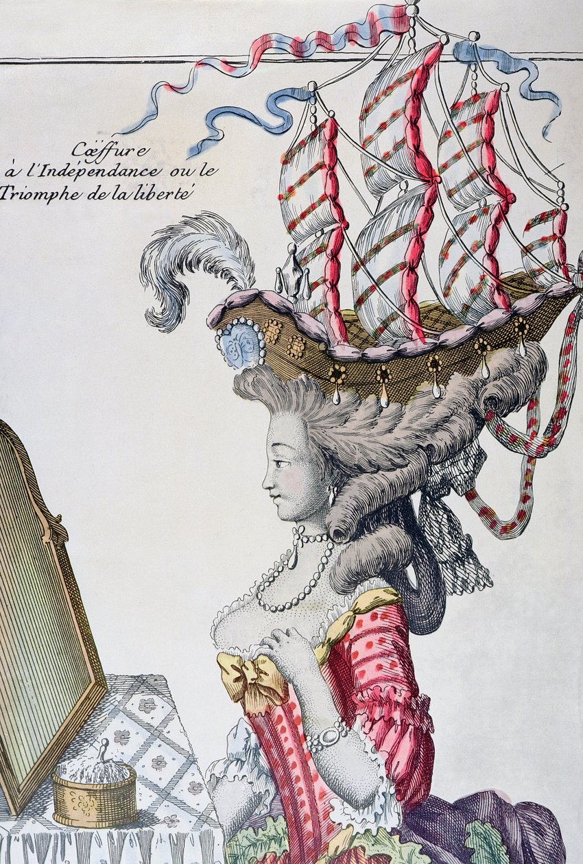 Bir saç modeli ile bir Günlük Elbiseli Kadın a la Belle Poule, Amerikan Bağımsızlık dönemi, 1779-80 by French School