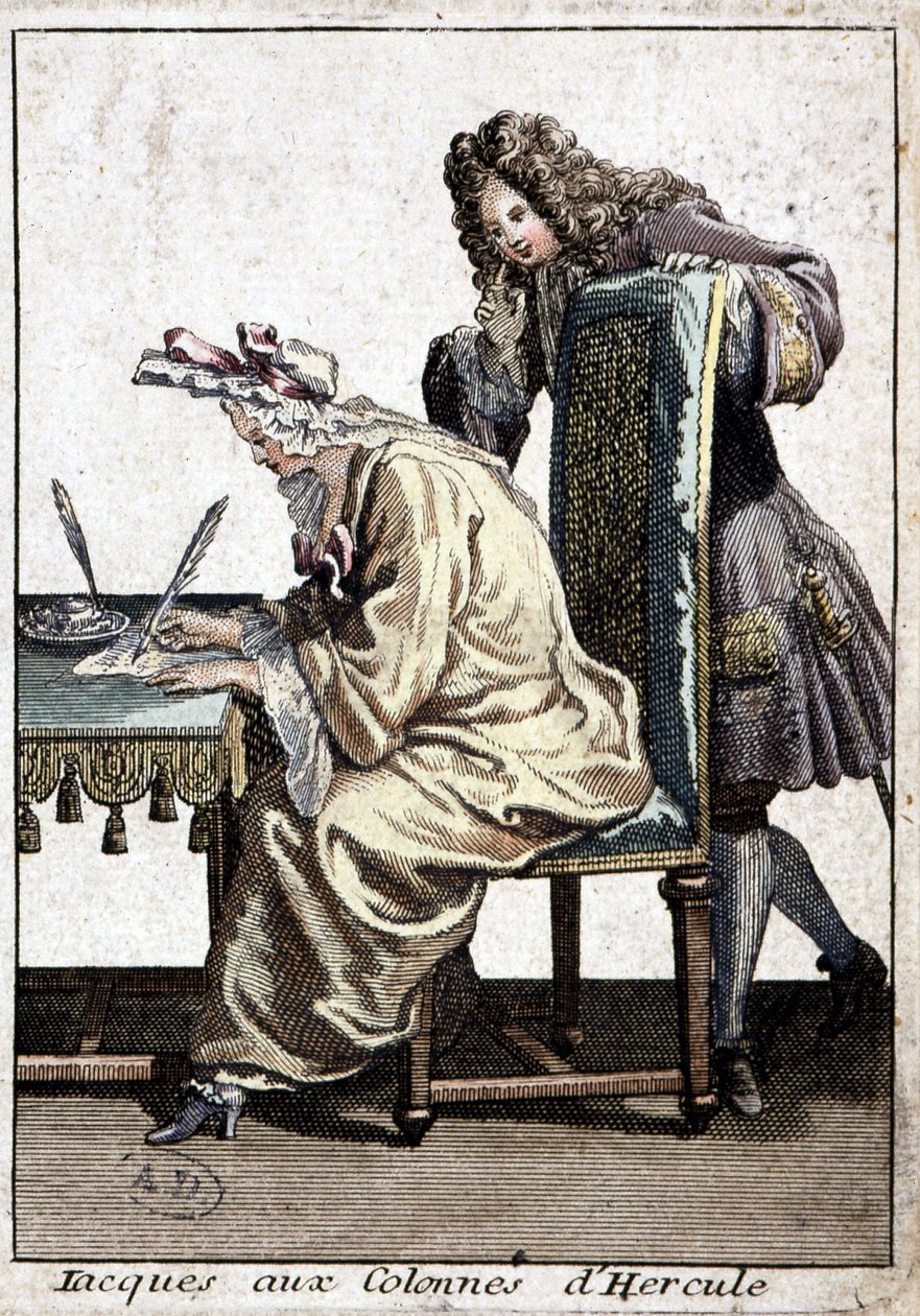 Gömlekli ve içkili kadın adamla mektup yazıyor, n.d. 1715. by French School