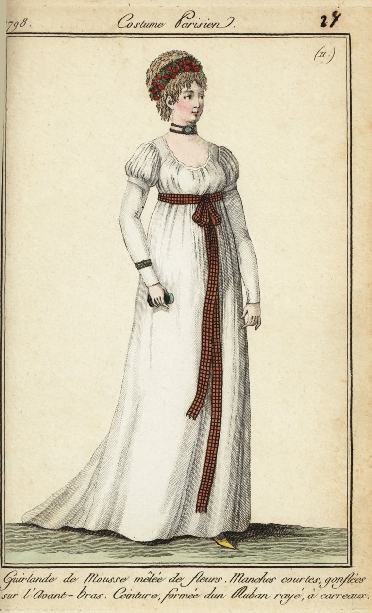 1798 modasında, çelenk altında kısa saçlı kadın (el boyaması bakır levha gravürü) by French School