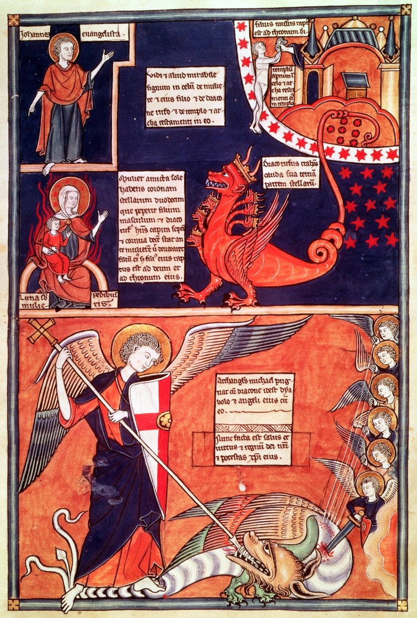 Mahşerin Kadını Yedi Başlı Ejderha Tarafından Saldırıya Uğramak ve St. Michael Ejderhayı Öldürmek, Liber Floridus, Lambert de Saint-Omer, c.1120 by French School