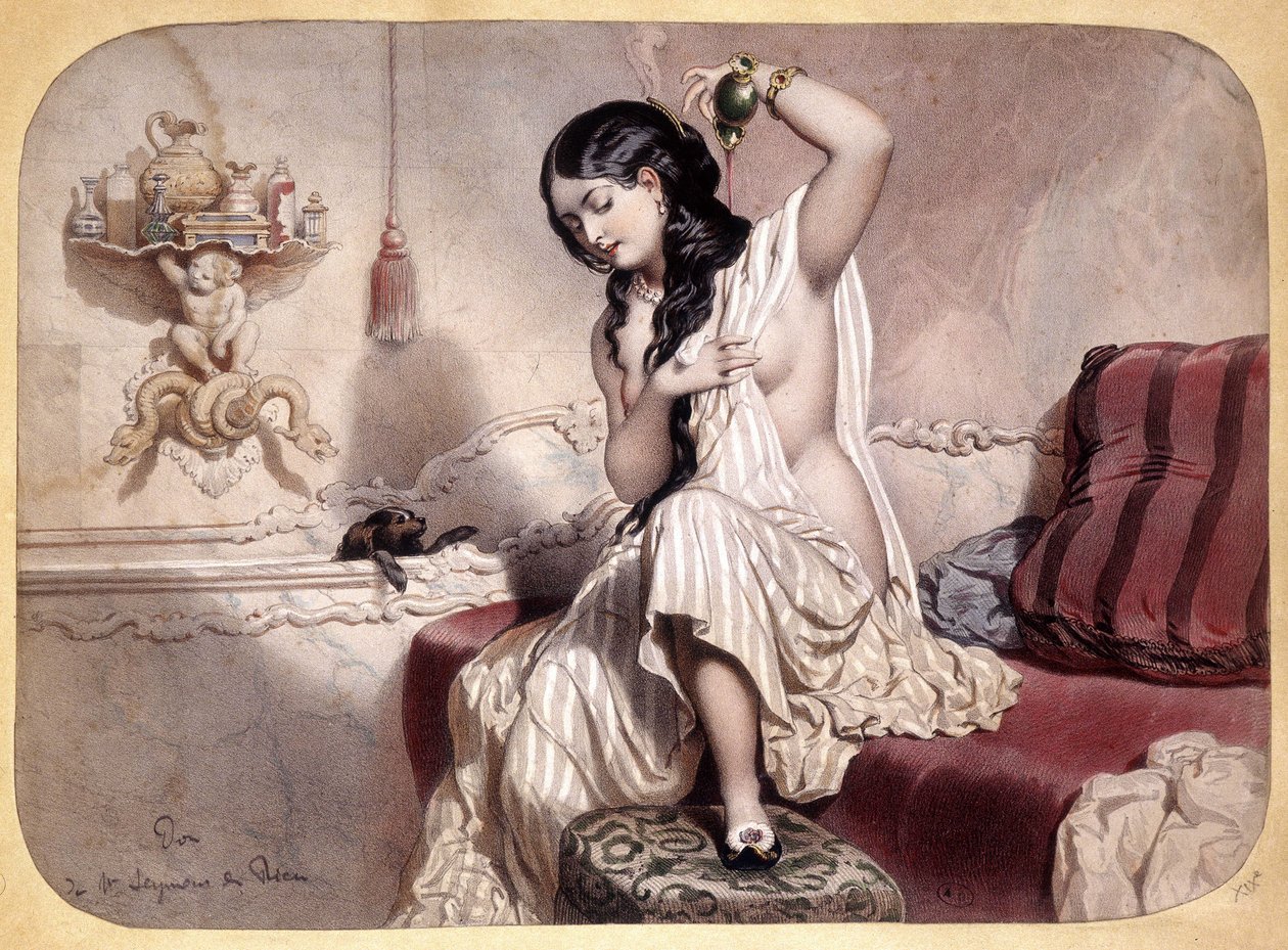 Banyodan sonra parfüm uygulayan kadın - litografi, v.1860 by French School