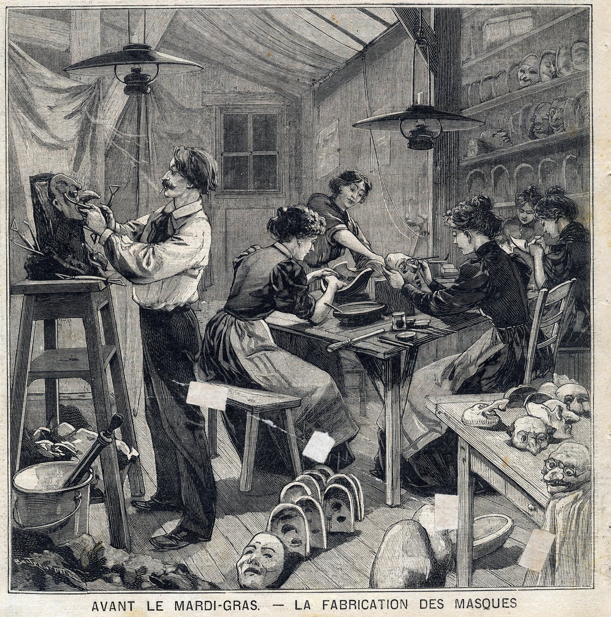Mardi Gras festivalinin (Mardi-Gras) kılık değiştirmeleri için maske üretme atölyesi. 14/02/1897 tarihinde “” Le Petit Parisien”de by French School