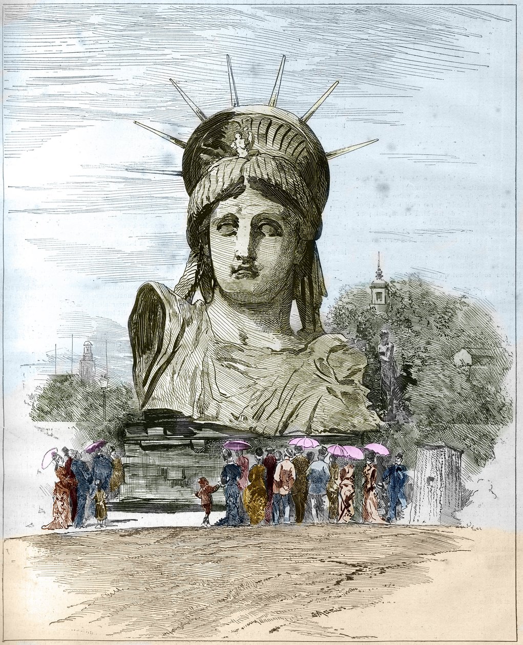 Paris'te 1878 Dünya Sergisi: Frederic Auguste Bartholdi (1834-1904) tarafından Özgürlük Anıtı'nın başı. Edgard Morin'in 13 Temmuz 1878 tarihli “” The Illustrous World” n°1111'deki gravürü. by French School