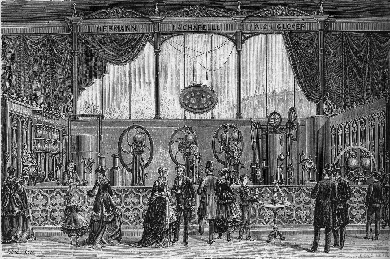 1867 Dünya Sergisi: Hermann Lachapelle (Hermann-Lachapelle) ve Glover (doyucu, gazometre, püskürtücü, dozaj pompası...) tarafından icat edilen gazlı su cihazları. Gravür, 9 Mayıs 1868 tarihli “Le Monde Illustré” n°578. by French School
